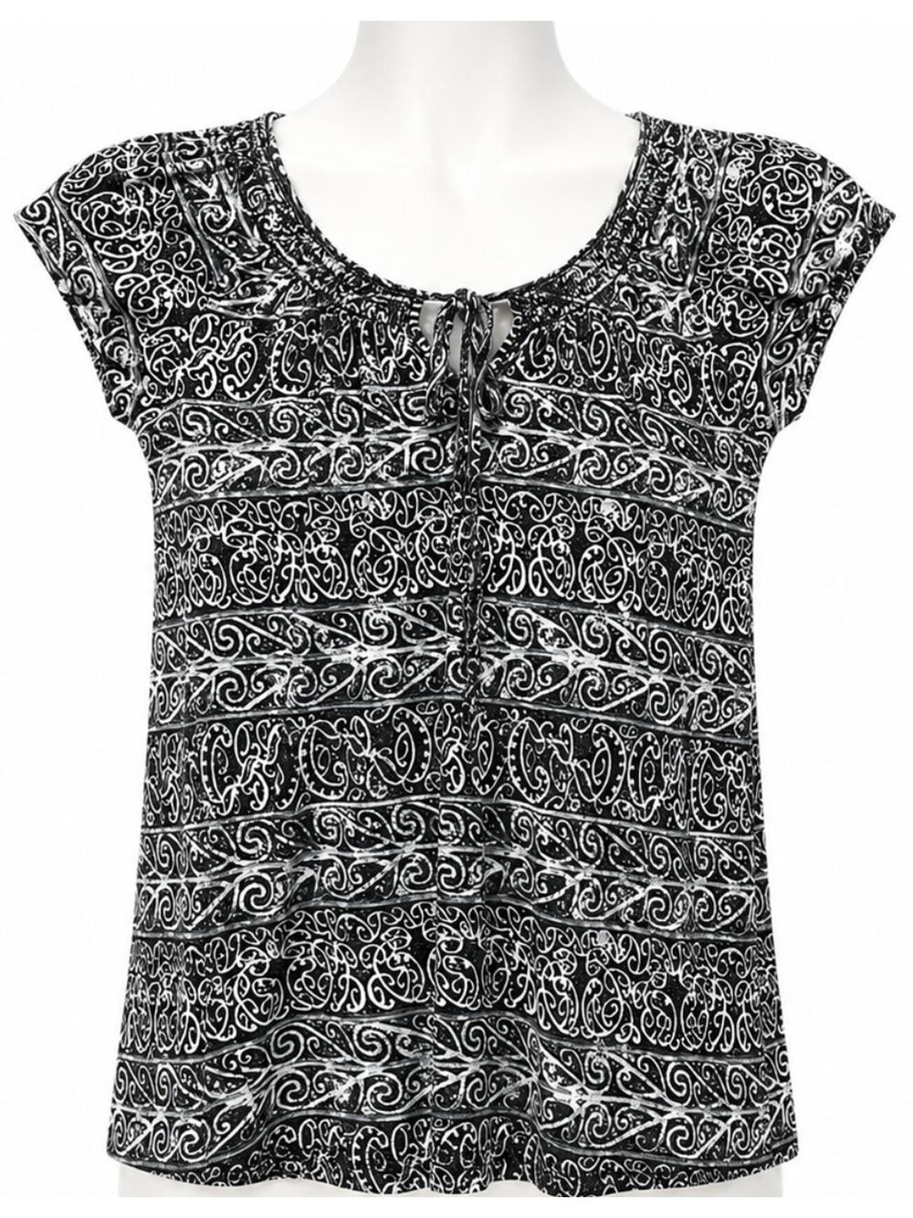 Max Studio Blouse S Black White Front Tie Tassel Boho Chic Artsy Indie Sleaze